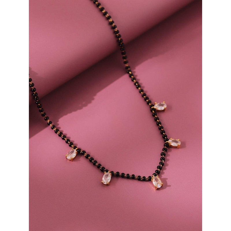 Voylla Essentials Chandni Gold-Plated American Diamond Stone Studded & Beaded Mangalsutra