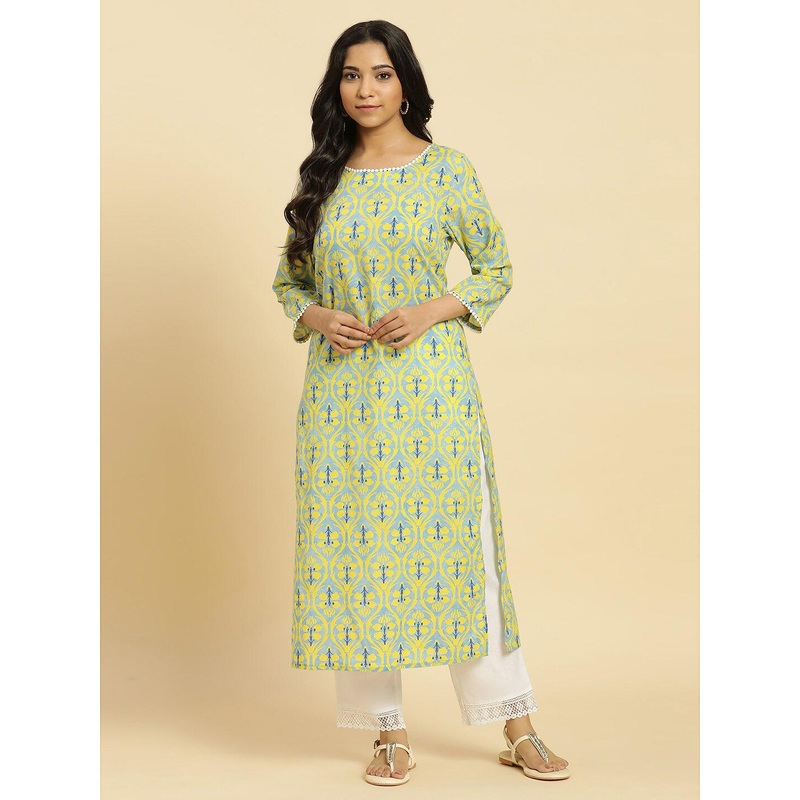 W Floral Printed Pure Cotton Straight Kurta