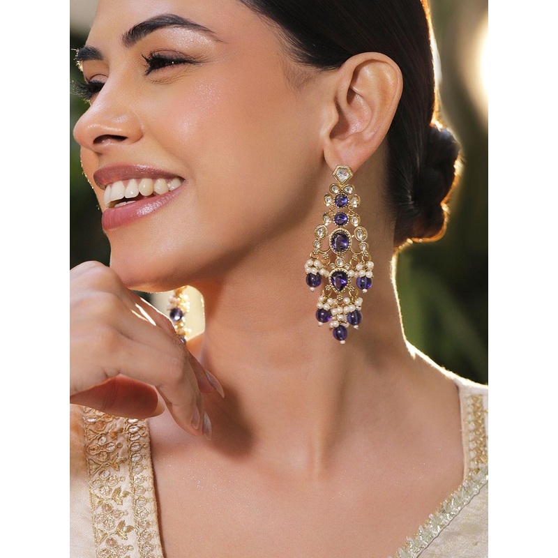 Women 22K Gold-Plated Purple Kundan & Cubic Zirconia Studded Teardrop Chandelier Earrings