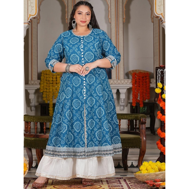 YASH GALLERY Plus Size Bandhani Printed Cotton Anarkali Kurta