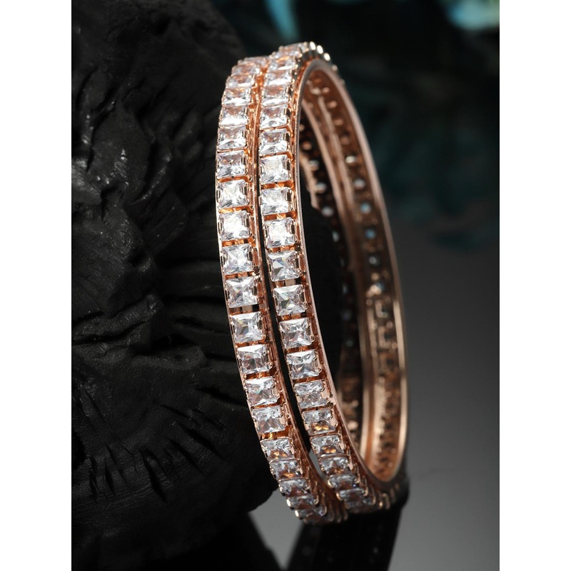 ZENEME Set Of 2 Rose-Gold-Plated American Diamond Studded Bangles