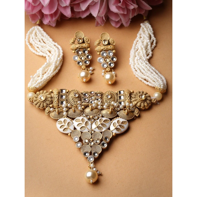 ADIVA Gold-Plated Kundan-Studded & Beaded Jewellery Set