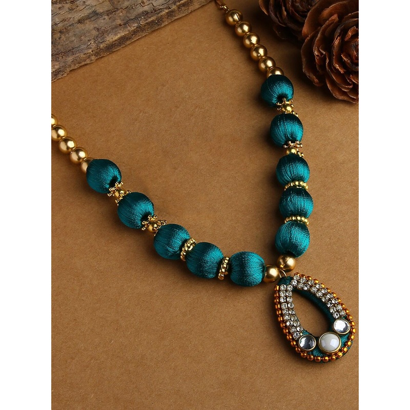 AKSHARA Teal & Gold-Toned Gold-Plated Silk Thread Necklace