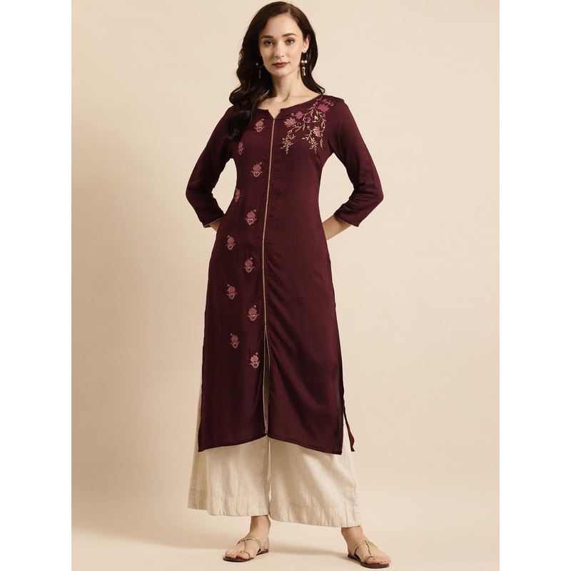 all about you Maroon Ethnic Motifs Embroidered Round Neck Thread Work Liva Straight Kurta