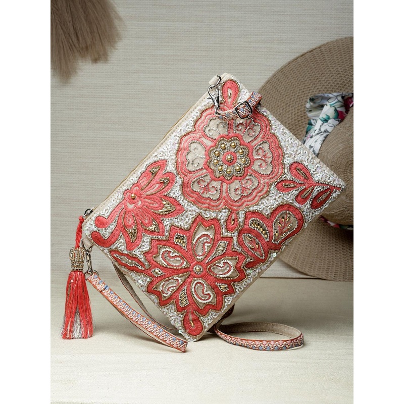 Anekaant Floral Embellished Pouch Structured Cotton Canvas Sling Bag