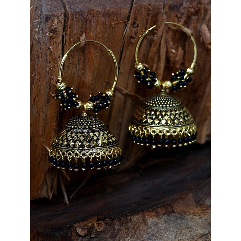 ANIKAS CREATION Black & Gold-Plated Enamelled Dome Shaped Jhumkas