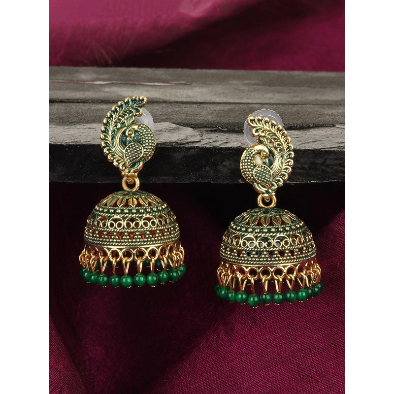ANIKAS CREATION Gold-Plated Green Enamelled Contemporary Jhumkas