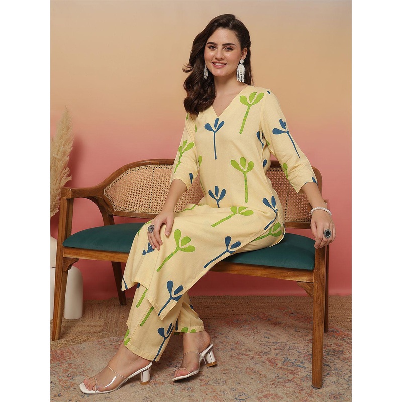 Anouk Rustic Floral Printed V-Neck Straight Kurta With Palazzos