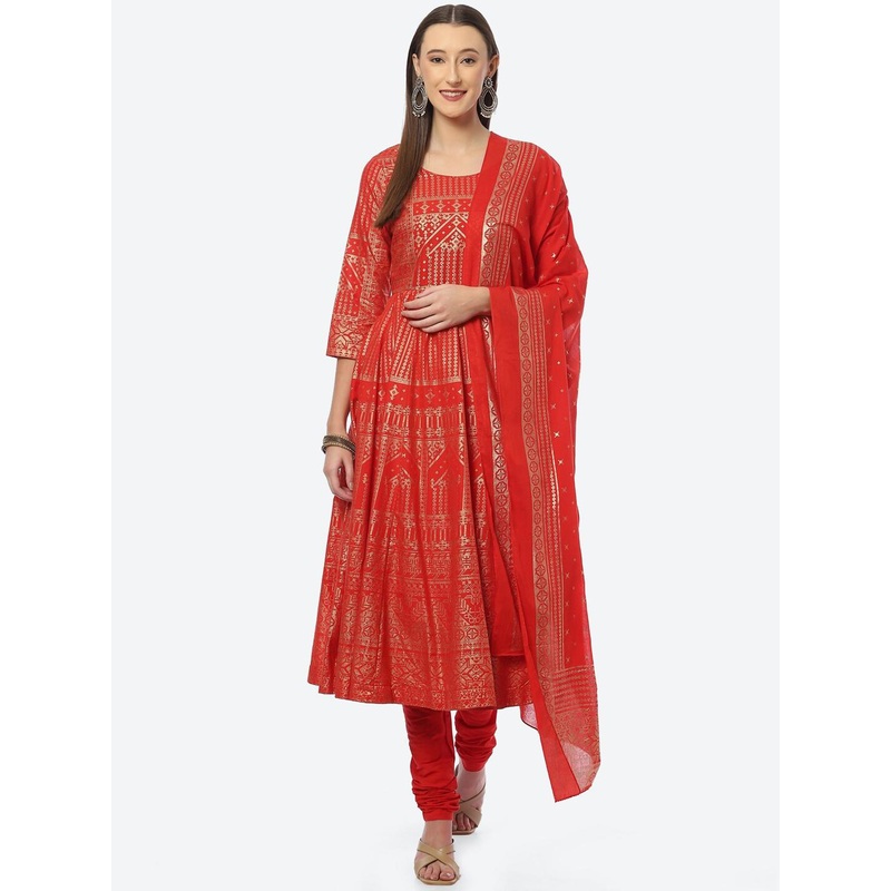 Biba Women Red Ethnic Motifs Kurta with Churidar & Dupatta