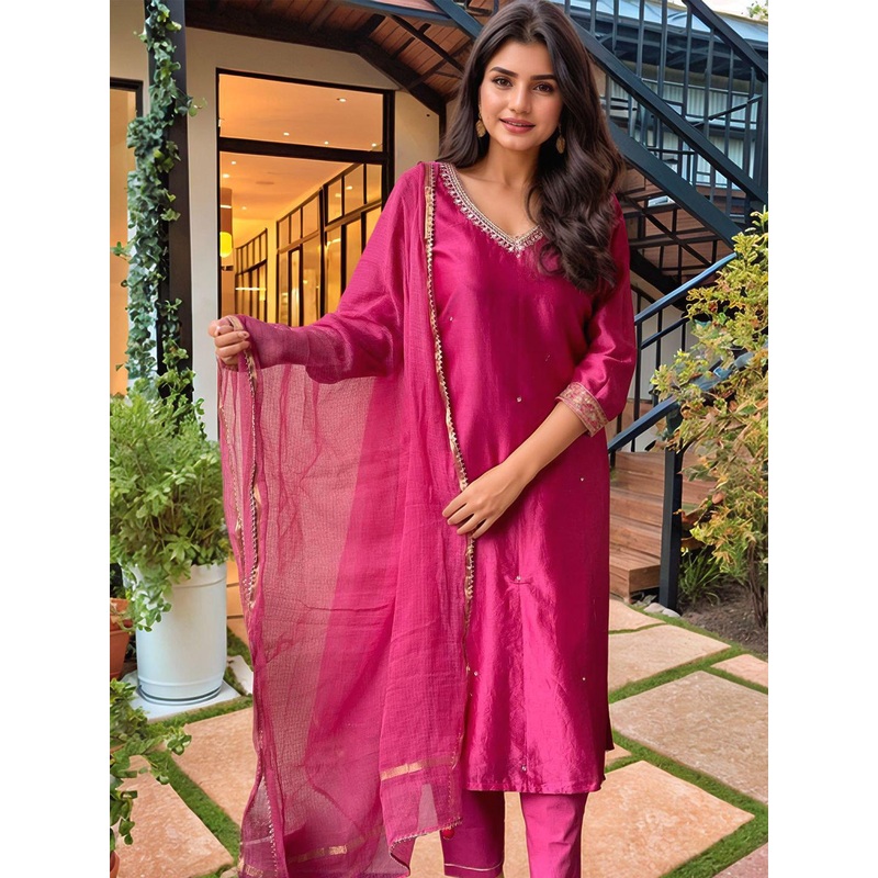 GoSriKi Women Embroidered Regular Sequinned Kurta with Trousers & Dupatta