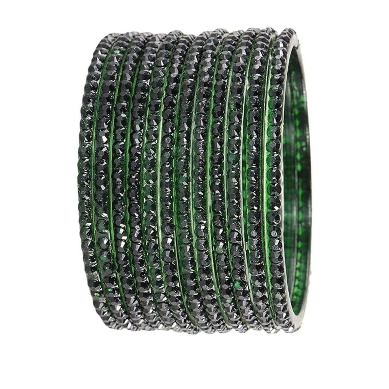 Guddan Set of 12 Green Glass Crystal Bangles