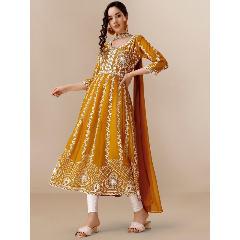 HERE&NOW Floral Lucknowi Chikankari Embroidered Georgette Anarkali Kurta with Dupatta