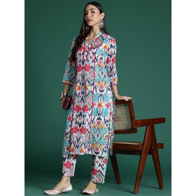 Indo Era Women Printed Panelled Pure Cotton Kurta with Trousers