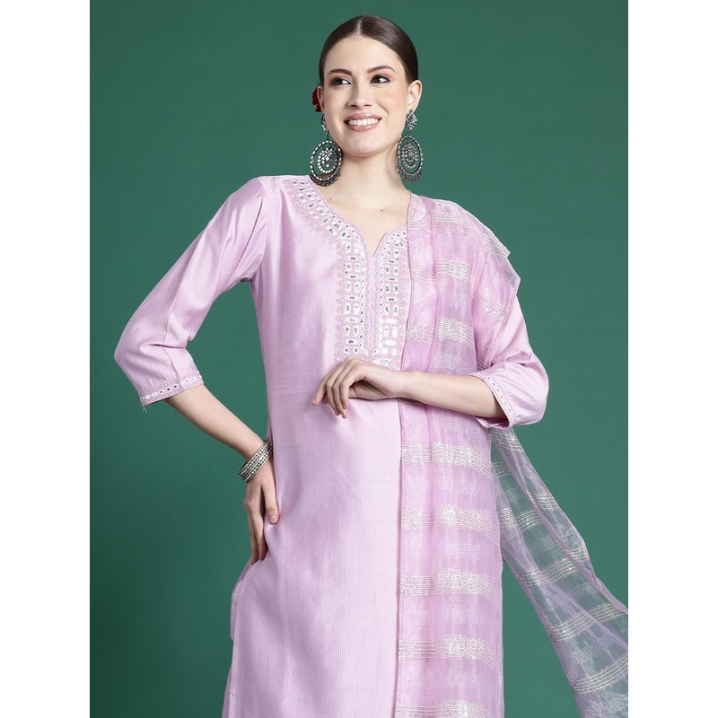 Indo Era Yoke Design Mirror Work Liva Kurta With Trousers & Dupatta
