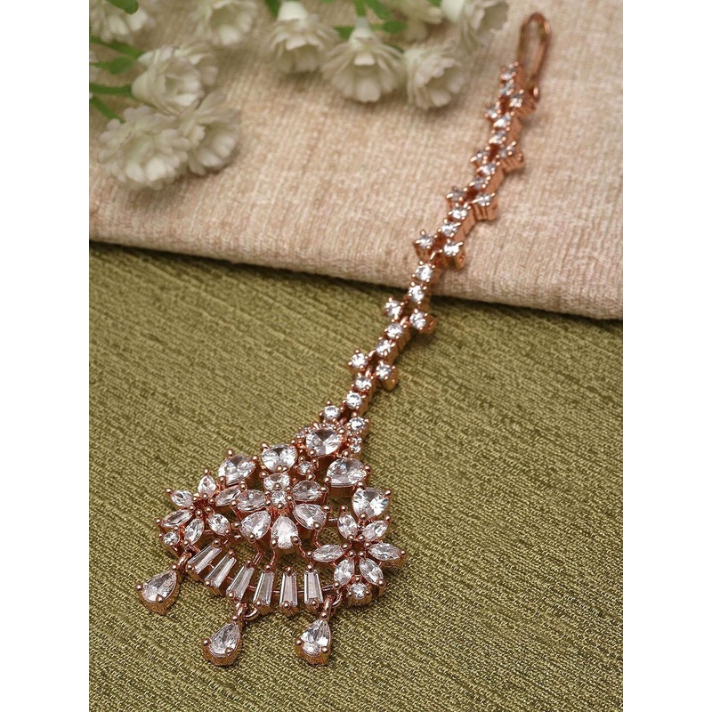 KARATCART Rose Gold-Plated American Diamond-Studded Maang Tika