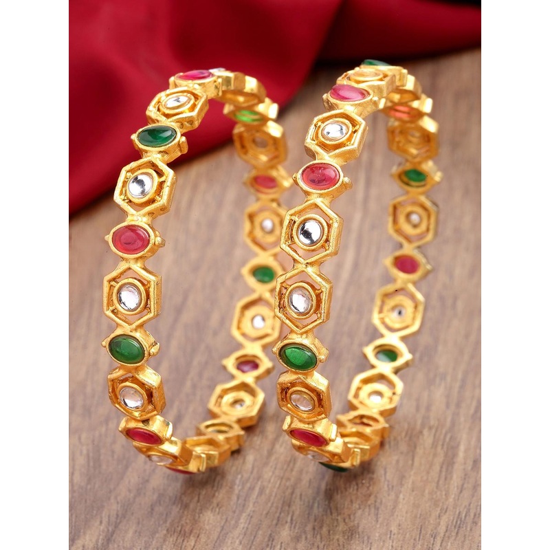 KARATCART Set Of 2 Gold Plated Kundan Studded Bangles
