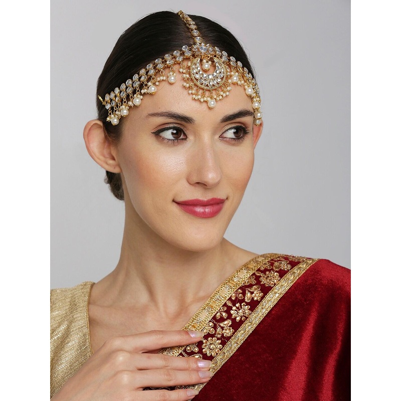 OOMPH Gold-Toned & White Kundan Studded And Pearl Beaded Matha Patti