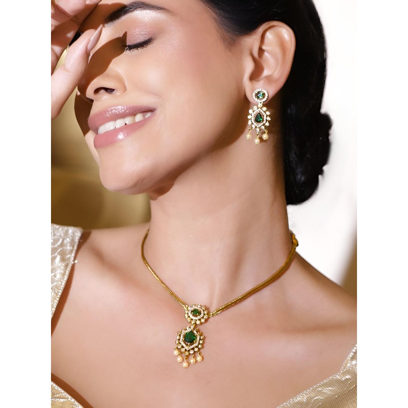 Rubans 22K Gold-Plated Emerald Green Stone with Cubic Zirconia & Pearl Beaded Necklace Set
