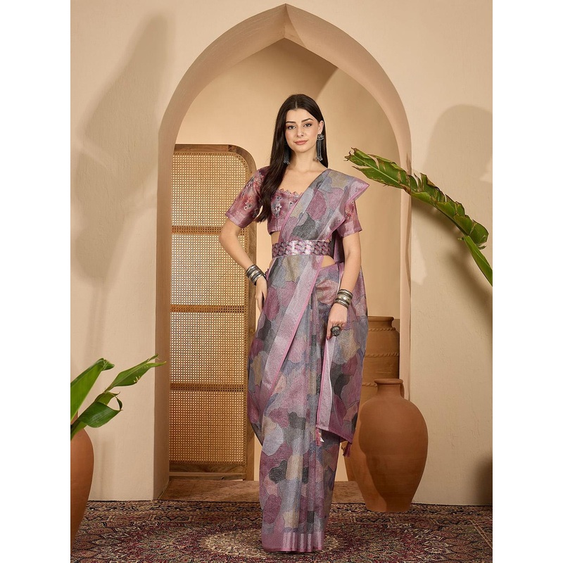 Sangria Abstract Printed Belted Saree With Blouse Piece