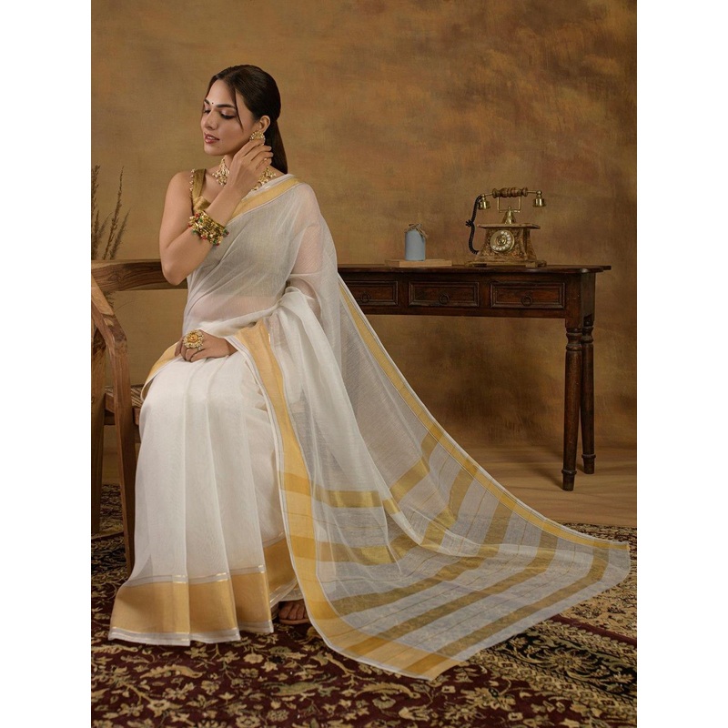 Sangria Zari Kerala Kasavu Saree With Unstitched Blouse