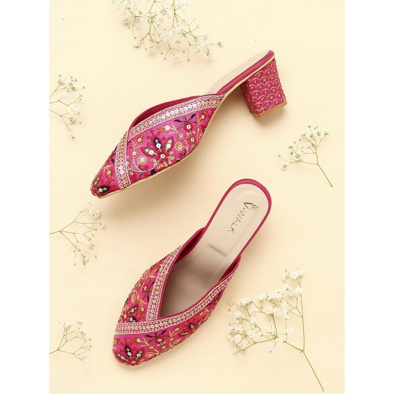 V-WALK Women Floral Embroidered Ethnic Block Heel Mules