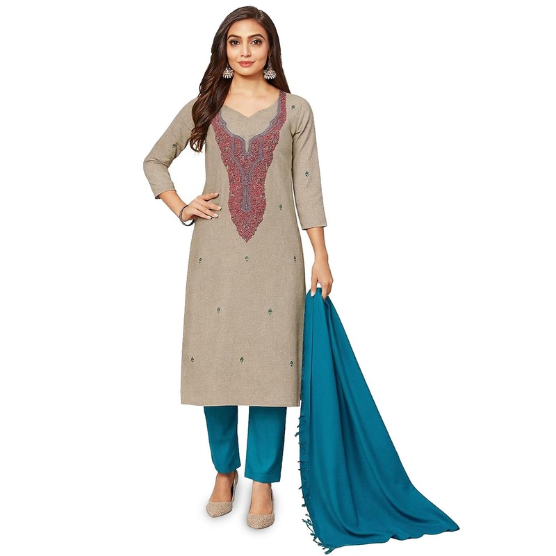 Vrinde Green & Grey Wool Embroidered Salwar Suit Stole Material