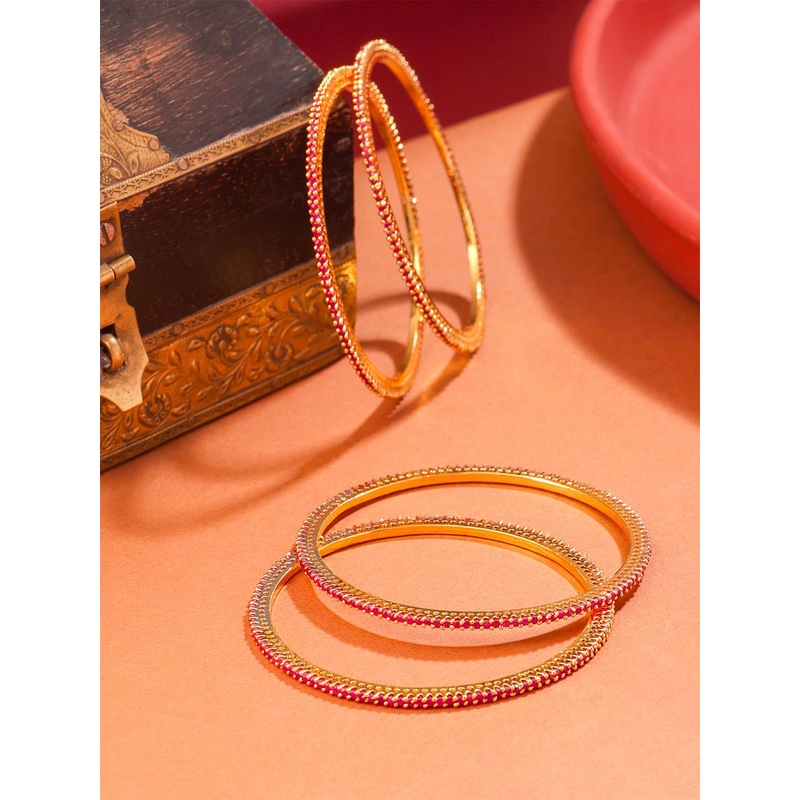 Yellow Chimes Set of 4 Red Gold-Plated American Diamond Studded Bangles