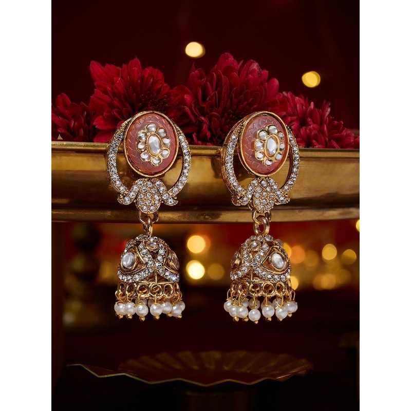 Zaveri Pearls Gold-Plated Artificial Stones Studded & Pearls Beaded Dome Shaped Jhumkas