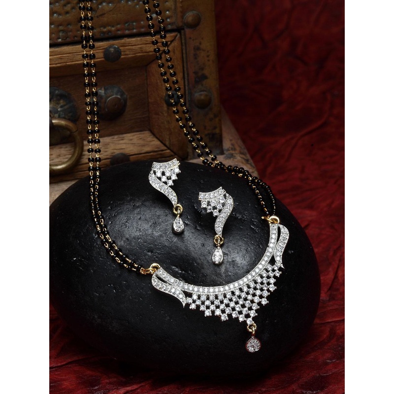 ZENEME Gold-Plated White & Black Stone-Studded & Beaded Designer Mangalsutra Set