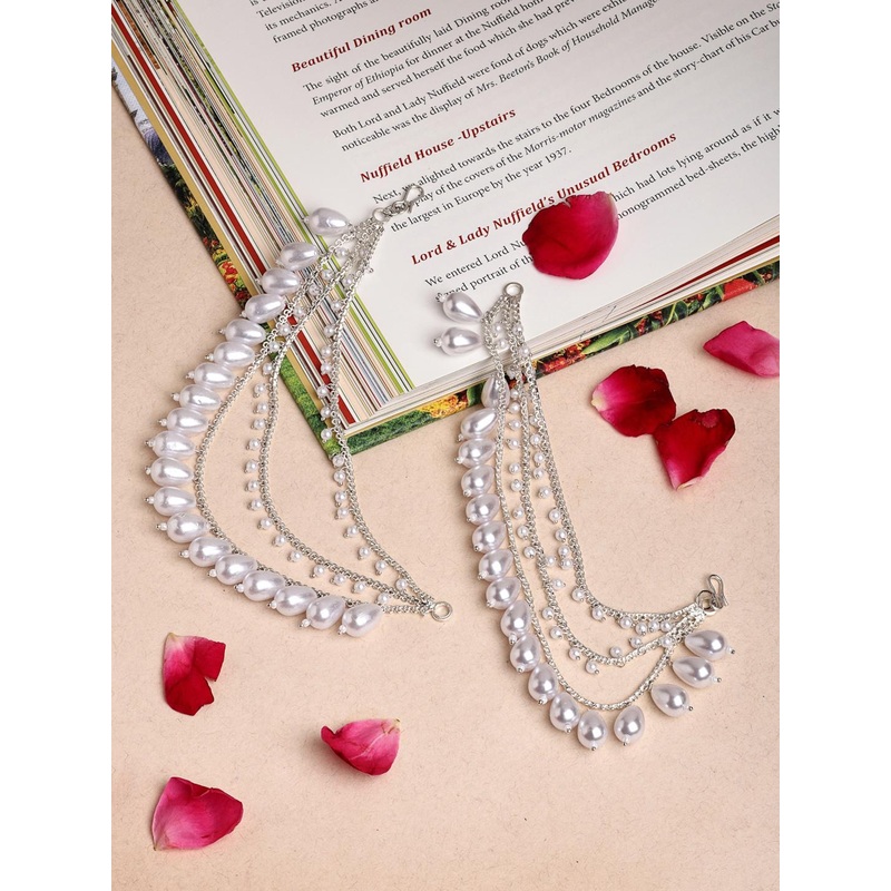 ZENEME Oxidized Plated Classic Layered Pearl Ear Chain Earrings