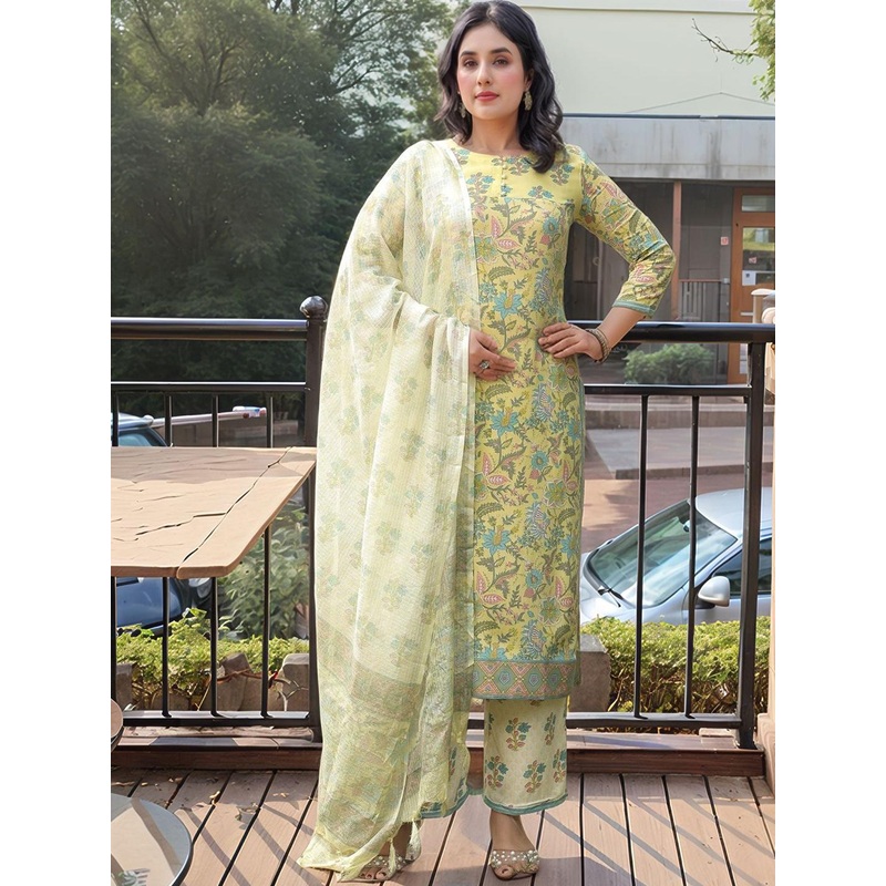 Aaghnya Floral Printed Three-Quarter Sleeves Kurta With Trousers & Dupatta