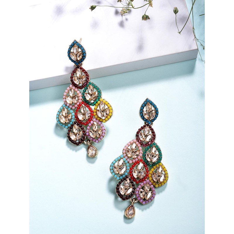 ADIVA Gold-Plated Kundan Studded & Artificial Beaded Leaf Shaped Drop Earrings