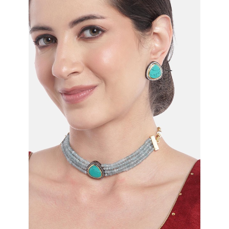 Anouk Women Gold-Plated AD Studded Layered Beaded Necklace with Earrings