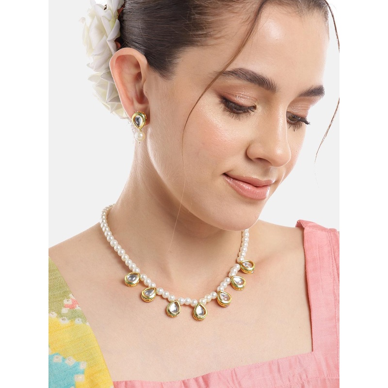 Anouk Women Gold-Plated Kundan & Pearl Studded Necklace with Earrings