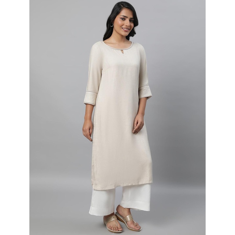 AURELIA Keyhole Neck Lace Inserted Straight Kurta