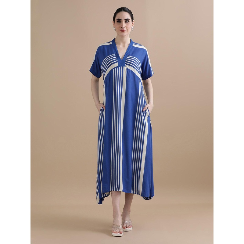 BLACK & BLAH BLAH Women Relaxed Fit Stripes Printed A-Line Dress