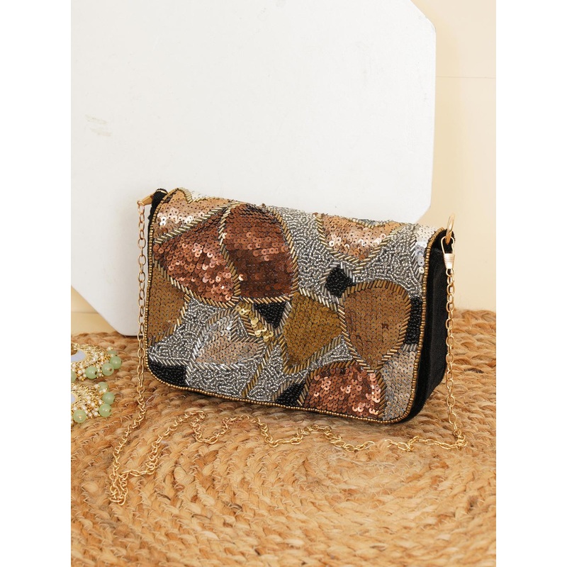 FABBHUE Black & Copper-Toned Embellished Envelope Clutch