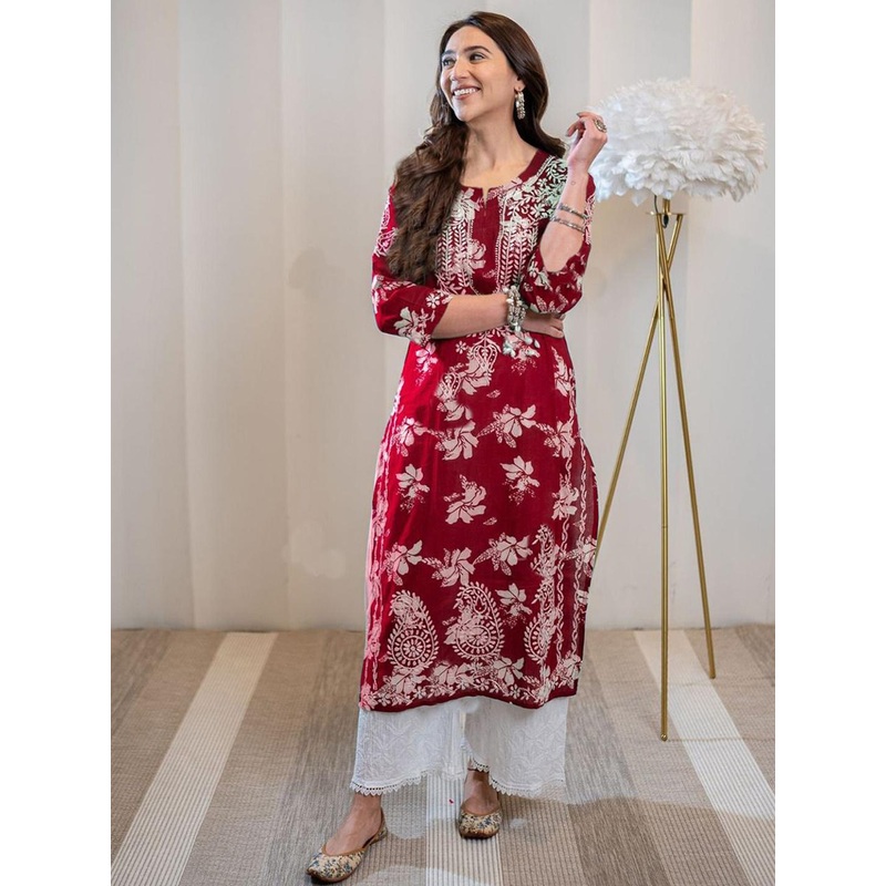 GoSriKi Floral Printed Round Neck Chikankari Kurta