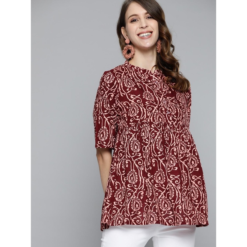 HERE&NOW Burgundy & Pink Ethnic Motifs Printed Empire Short Kurti