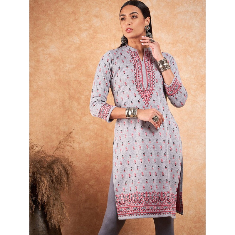 HK colours of fashion Ethnic Motifs Woven Designed Mandarin Collar Wool Straight Kurta