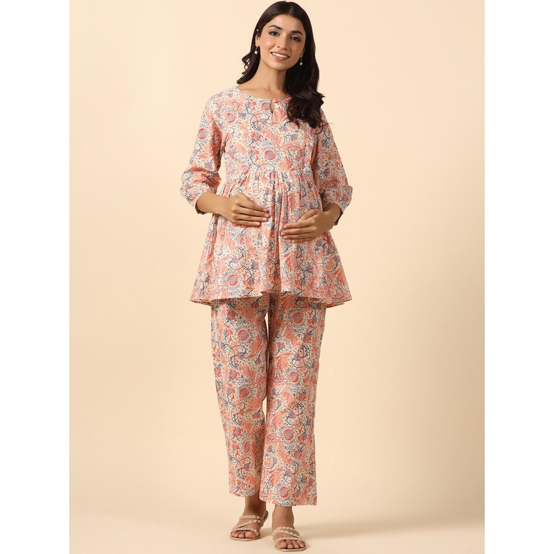 Ikk Kudi by Seerat Maternity Floral Printed A-Line Pure Cotton Kurti with Trousers