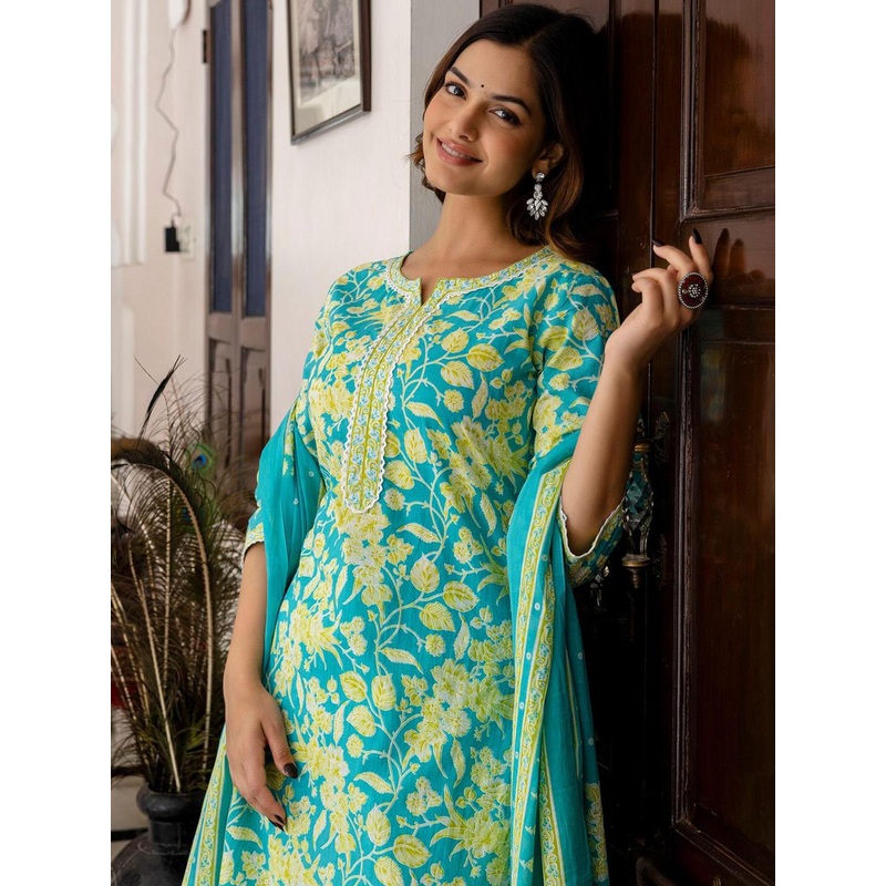 Indo Era Women Floral Printed Regular Pure Cotton Kurta with Trousers & With Dupatta