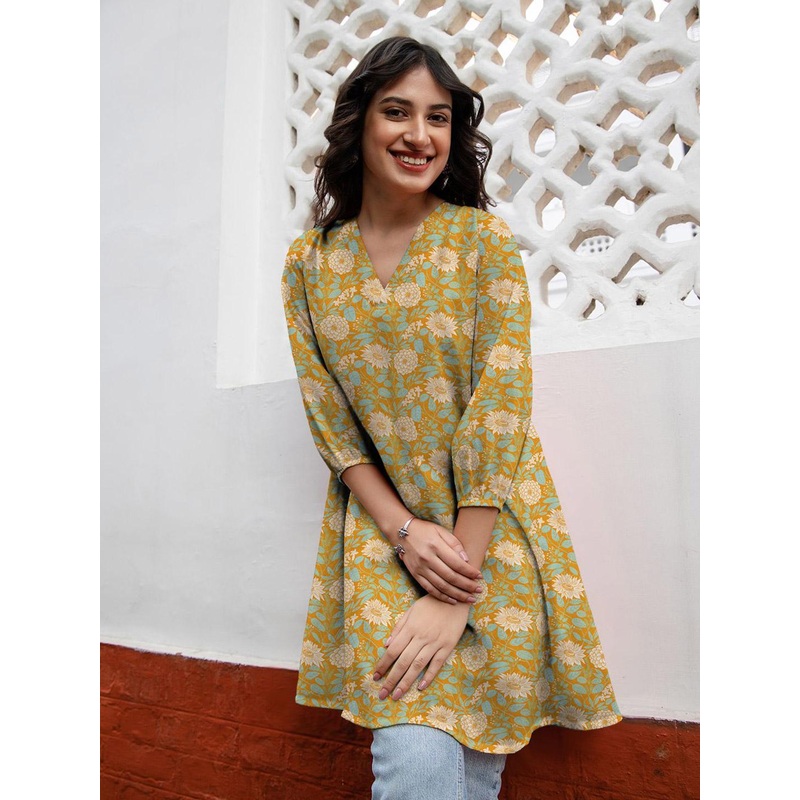 Janasya  Women’S Mustard Georgette Floral Printed A-Line Tunic