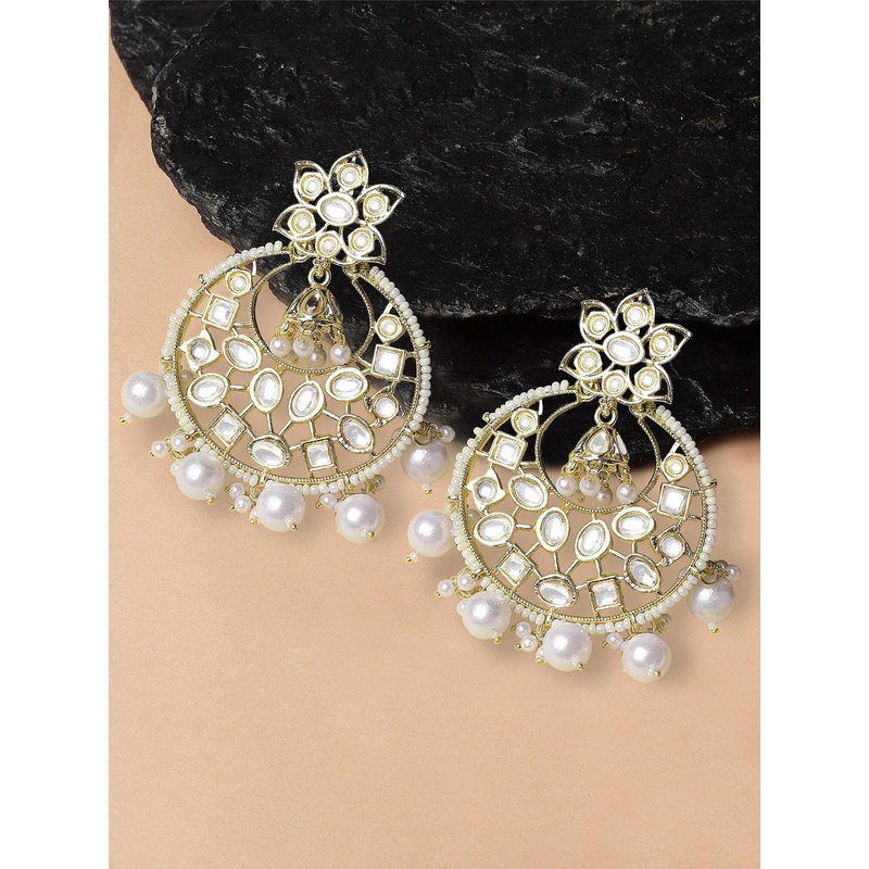 KARATCART Gold-Plated Kundan Studded & Bedaed Chandbalis