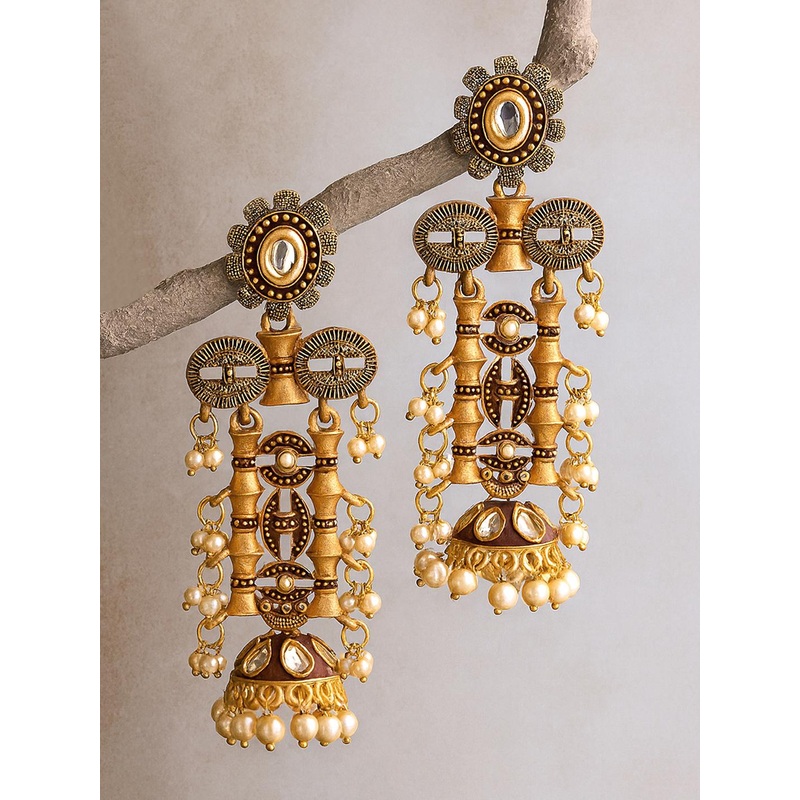KARATCART Gold-Plated & Maroon Kundan Classic Drop Earrings