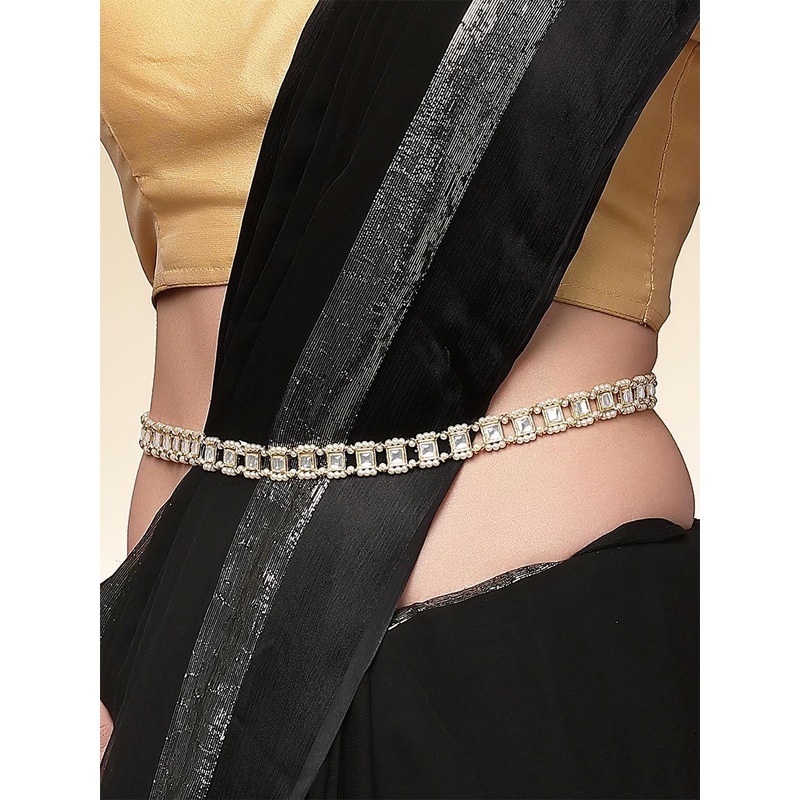 KARATCART Gold-Plated White Kundan-Studded Pearl Beaded Kamarbandh