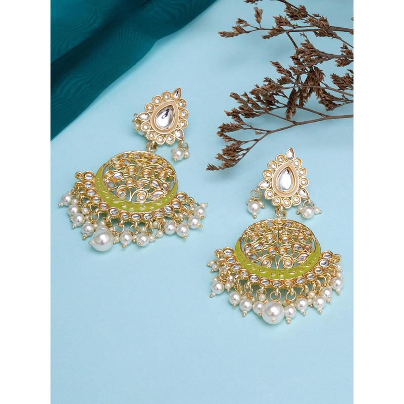 KARATCART Lime Green & White Gold-Plated Pearl Long Chandbalis Earrings
