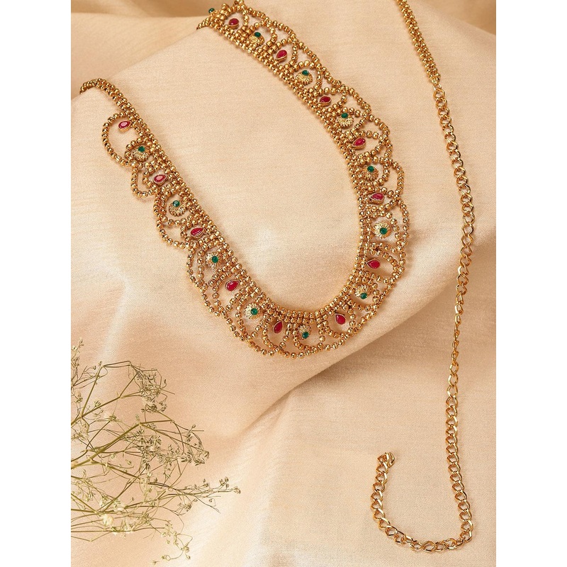 Peora Gold Plated Red & Green Kundan Studded Embellished Kamarbandh