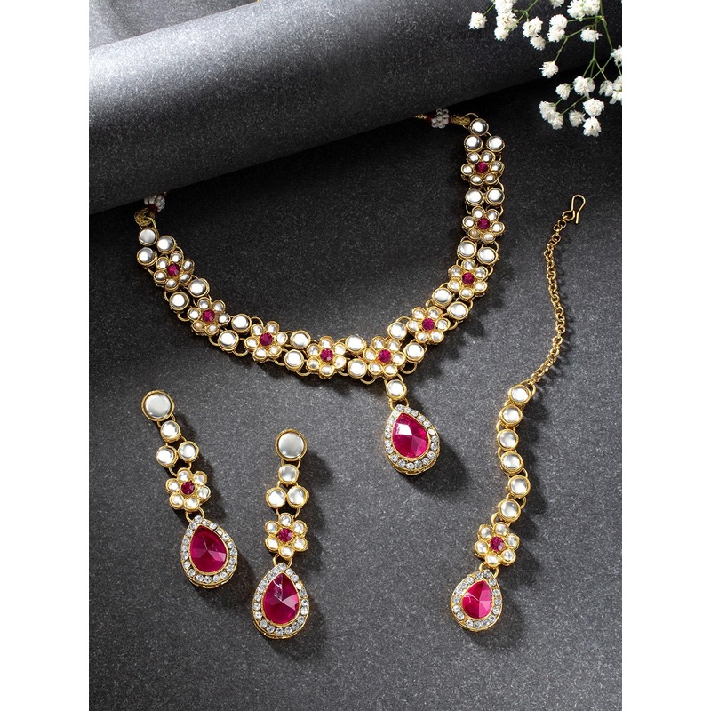 Peora Magenta & White Gold-Plated Kundan Crystal Jewellery Set