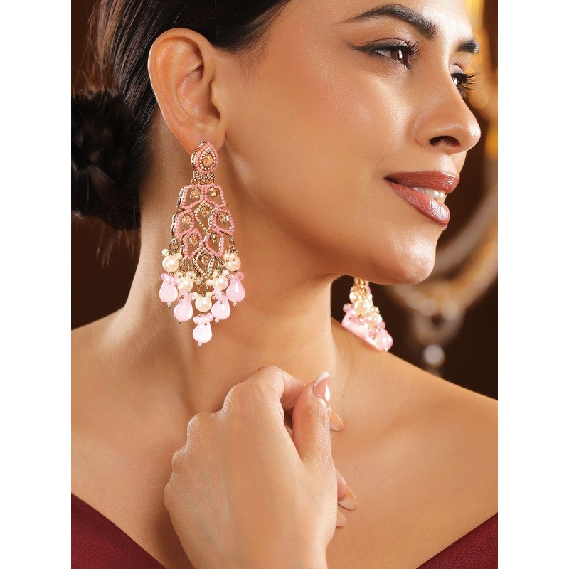 Rubans 18K Gold-Plated Baby Pink Kundan & Pearl Studded Long Chandelier Earrings